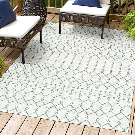 JONATHAN Y SMB108R-8 Ourika Moroccan Geometric Textured Weave Indoor Outdoor Area-Rug, Bohemian Rustic Scandinavian Easy-Cleaning,Bedroom,Kitchen,Backyard,Patio,Non Shedding, 8 X 10, Green/Ivory