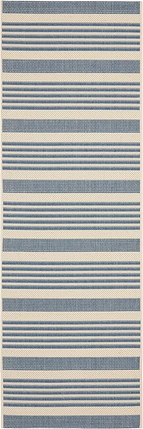 SAFAVIEH Courtyard Collection 2'3' x 8' Beige/Blue CY6062 Stripe Indoor/ Outdoor Patio Backyard Mudroom Runner Rug