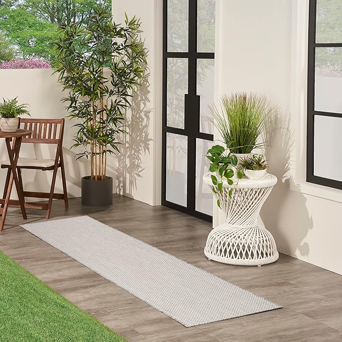Nourison Courtyard Indoor/Outdoor Ivory Silver 2'2" x 16' Area Rug, Easy Cleaning, Non Shedding, Bed Room, Living Room, Dining Room, Backyard, Deck, Patio (2x16)