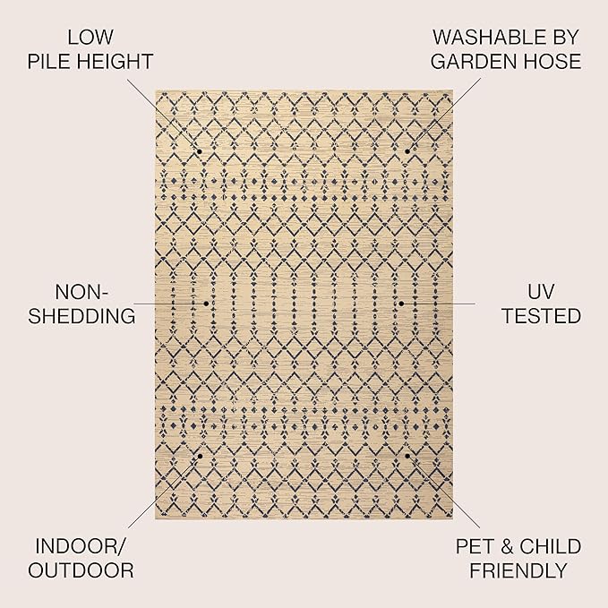JONATHAN Y SMB108H-9SQ Ourika Moroccan Geometric Textured Weave Beige/Navy 9' Square Indoor/Outdoor Area Rug, Pet Friendly, Non-Shedding, Stain Resistant, Easy-Cleaning for Backyard, Patio, Porch