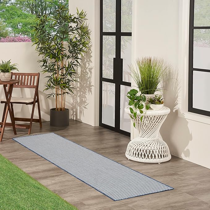 Nourison Courtyard 10' Runner Ivory Blue Fabric Modern Area Rug (10' Runner)
