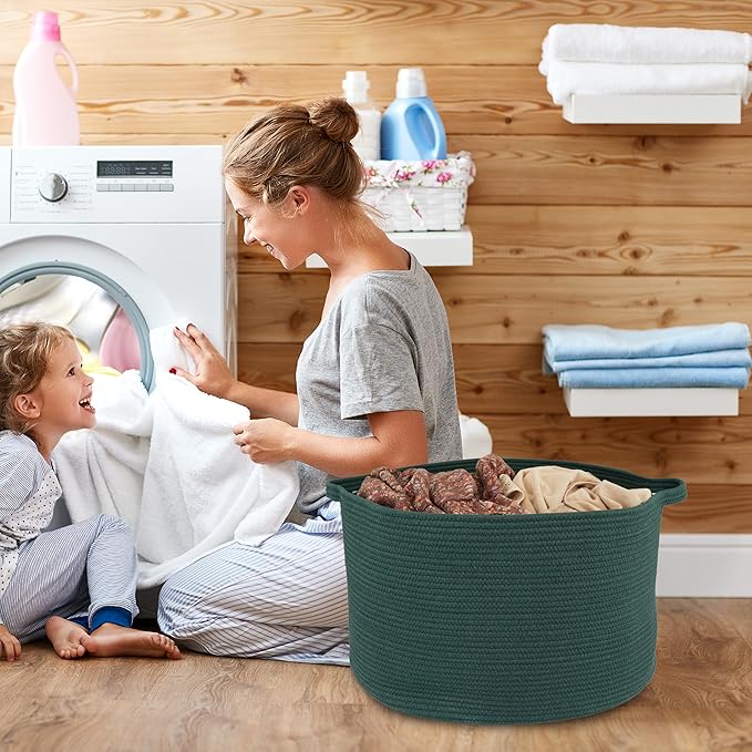 Large Cotton Rope Basket Blankets Basket Living Room 22"x14" Toy Basket for Kids Rope Storage Basket for Nursery Woven Laundry Basket for Clothes Towels Baby Toy Storage round dark green