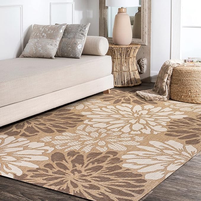 JONATHAN Y SMB110I-9 Zinnia Modern Floral Textured Weave Indoor Outdoor Area-Rug, Bohemian Coastal Mediterranean Easy-Cleaning,Bedroom,Kitchen,Backyard,Patio,Non Shedding, 9 X 12, Brown/Cream