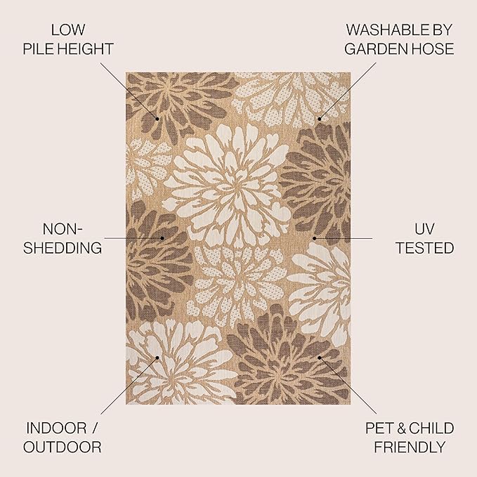 JONATHAN Y SMB110I-8SQ Zinnia Modern Floral Textured Weave Brown/Cream 8' Square Indoor/Outdoor Area Rug, Pet Friendly, Non-Shedding, Stain Resistant, Easy-Cleaning for Backyard, Patio, Porch