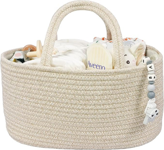 Baby Diaper Caddy Organizer for Girl Boy Cotton Rope Nursery Storage Bin Basket Portable Holder Tote Bag for Changing Table Car Travel Baby Shower Gifts Newborn Registry Must Have Items oatmeal