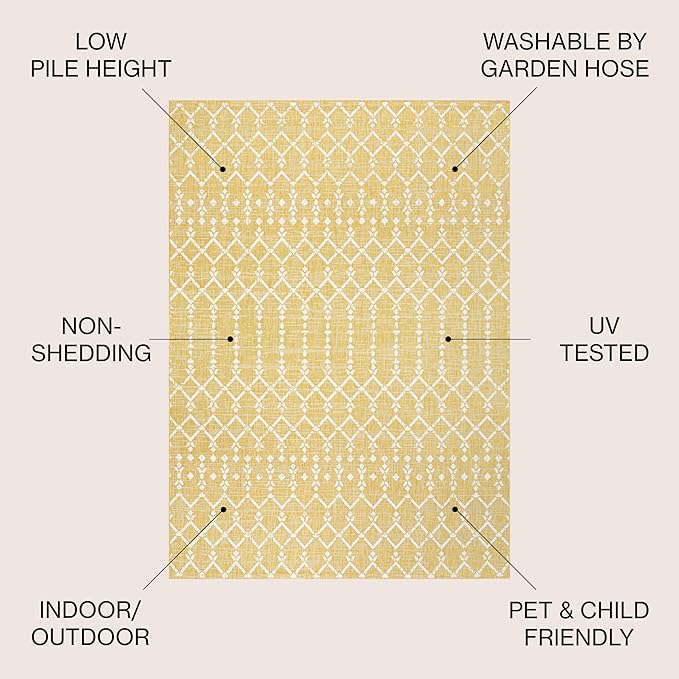 JONATHAN Y SMB108G-5R Ourika Moroccan Geometric Textured Weave Indoor Outdoor Area-Rug, Coastal, Bohemian, Modern Easy-Cleaning,Bedroom,Kitchen,Backyard,Patio,Non Shedding, Yellow/Cream, 5' Round