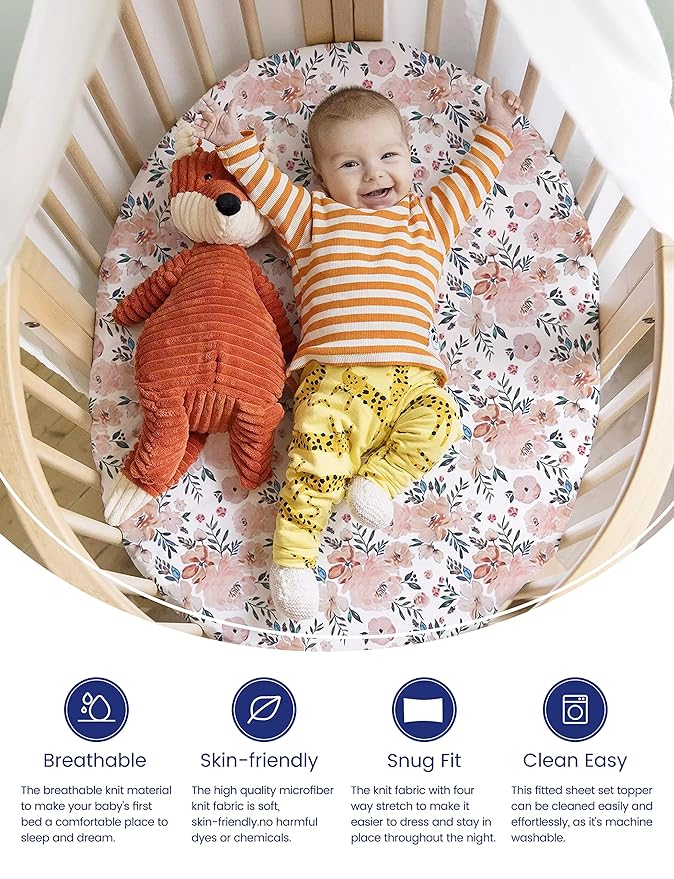 TotAha Premium Stretchy Bassinet Sheets for Baby Girl, Silky Comfort Cradle Sheets Fitted 18 x 36 for Oval, Rectangular, Hourglass Mattress, Hypoallergenic, Buttery Soft 2-Pack (Floral & Pale Pink)