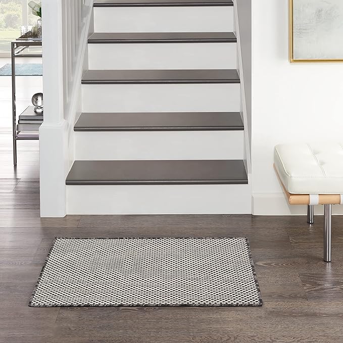 Nourison Courtyard Indoor/Outdoor Ivory Charcoal 2' x 3' Area Rug, Geometric, Easy Cleaning, Non Shedding, Bed Room, Living Room, Dining Room, Deck, Patio, Backyard (2x3)
