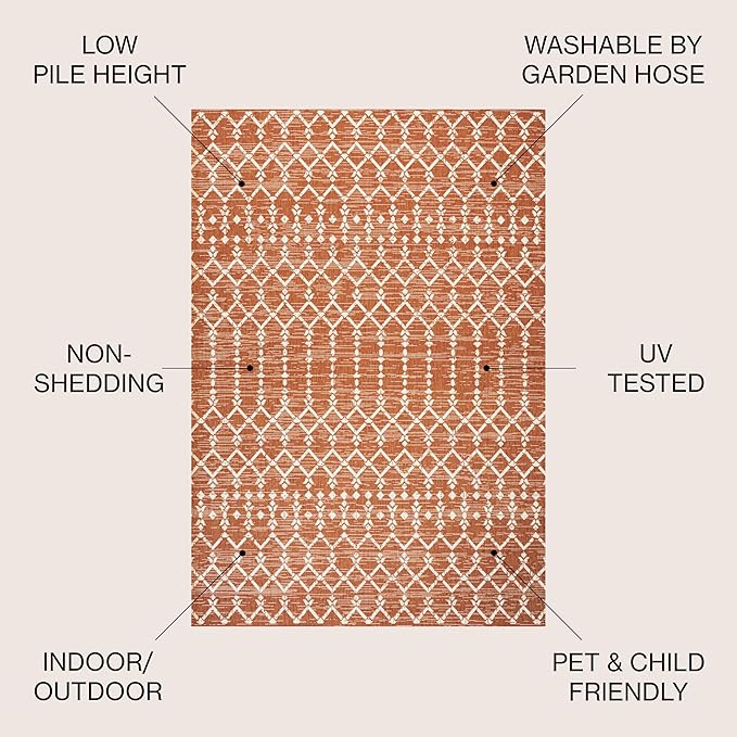 JONATHAN Y SMB108P-5SQ Ourika Moroccan Geometric Textured Weave Indoor Outdoor Area Rug, Bohemian Rustic Scandinavian Easy Cleaning,Bedroom,Kitchen,Backyard,Patio, Orange/Cream, 5' Square