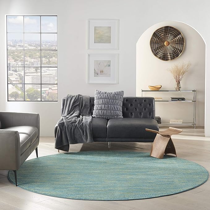 Nourison Essentials Indoor/Outdoor Blue Green 8' x Round Area Rug, Easy Cleaning, Non Shedding, Bed Room, Living Room, Dining Room, Backyard, Deck, Patio (8 Round)