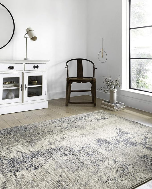 Loloi II Teagan Collection TEA-07 Natural/Denim 3'-4" x 5'-7", .25" Thick, Accent Rug, Soft, Durable, Neutral, Woven, Low Pile, Non-Shedding, Easy Clean, Living Room Rug
