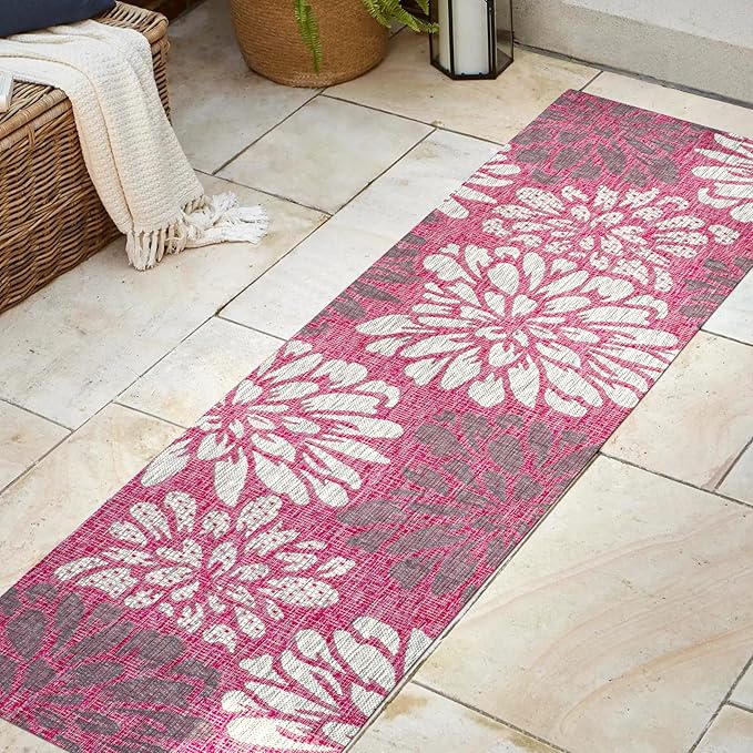 JONATHAN Y SMB110F-28 Zinnia Modern Floral Textured Weave Indoor Outdoor Runner Rug, Bohemian Coastal Mediterranean Easy Cleaning,Bedroom,Kitchen,Backyard,Patio,Non Shedding, Fuchsia/Light Gray, 2 X 8