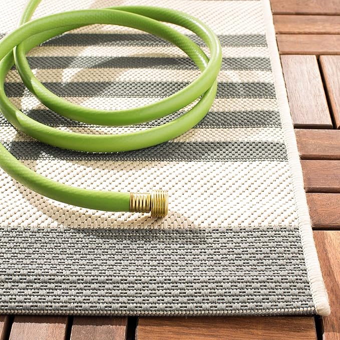 Safavieh Courtyard Collection CY6062 Stripe Indoor/ Outdoor Non-Shedding Stain Resistant Patio Backyard Area Rug, 6'7" Square, Grey / Bone