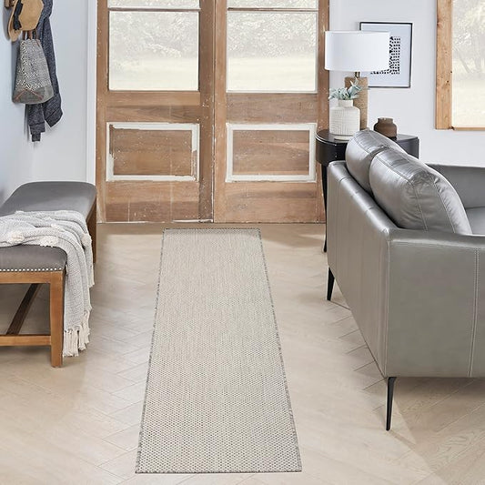 Nourison Courtyard Indoor/Outdoor Ivory/Silver 2'2" x 10' Area Rug, Easy Cleaning, Non Shedding, Bed Room, Living Room, Dining Room, Backyard, Deck, Patio (2x10)