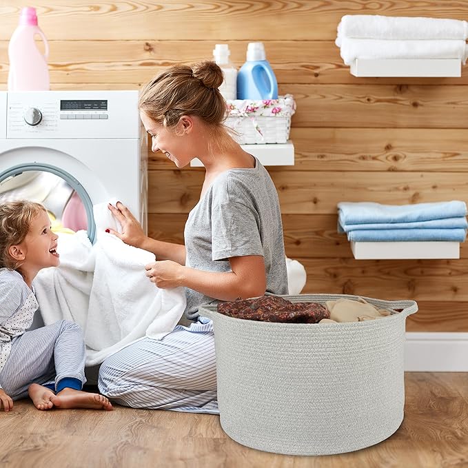 Large Cotton Rope Basket Blankets Basket Living Room 22"x14" Toy Basket for Kids and Dogs Rope Storage Basket for Nursery Woven Laundry Basket for Clothes Towels Baby Toy Storage round grey