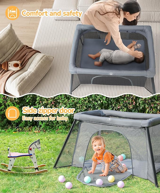 ELEMARA Big Travel Crib for Baby,Portable Crib with Comfortable Mattress,Lightweight Foldable Playpen with Long-Lasting Frame, Indoor & Outdoor Use Playard, Pack and Play for Toddlers（Light Grey）
