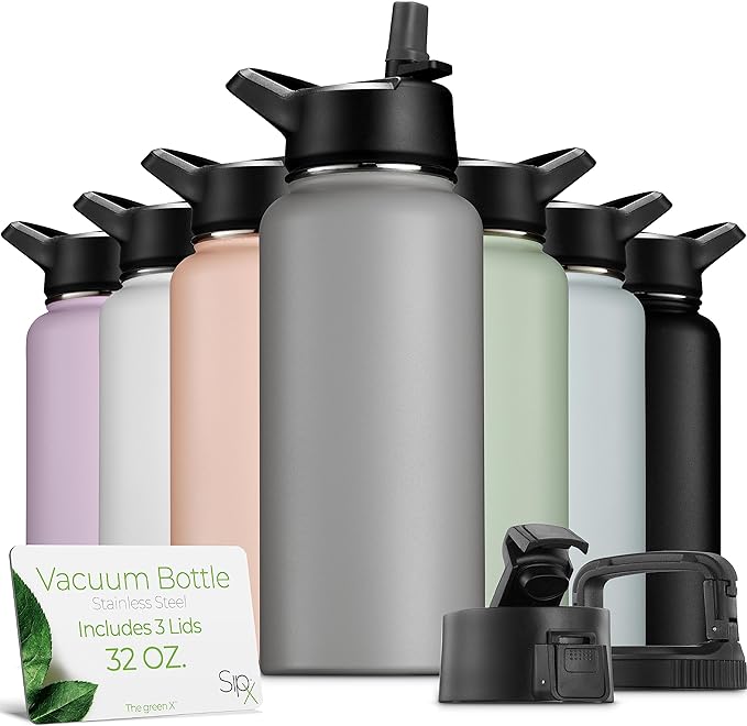 SipX™ Triple-Insulated Stainless Steel Water Bottle 32oz. With 3 Lids, BPA-Free Reusable Insulated Water Bottle Keeps Cold 24 Hours, Metal Water Bottle Made Of Sustainable Material For Hiking & Biking
