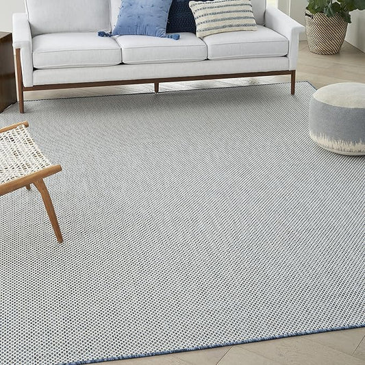 Nourison Courtyard Indoor/Outdoor Ivory Blue 8' x 10' Area Rug, Geometric, Easy Cleaning, Non Shedding, Bed Room, Living Room, Dining Room, Deck, Patio, Backyard (8x10)