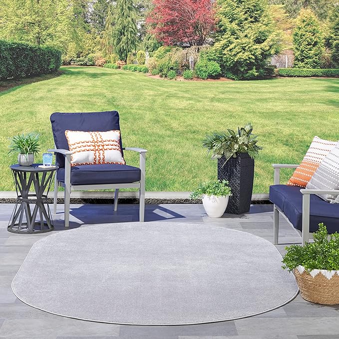Nourison Essentials Indoor/Outdoor Silver Grey 6' x 9' Oval Area Rug, Easy Cleaning, Non Shedding, Bed Room, Living Room, Dining Room, Backyard, Deck, Patio (6x9 Oval)