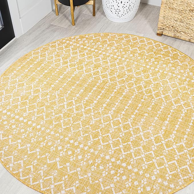 JONATHAN Y SMB108G-5R Ourika Moroccan Geometric Textured Weave Indoor Outdoor Area-Rug, Coastal, Bohemian, Modern Easy-Cleaning,Bedroom,Kitchen,Backyard,Patio,Non Shedding, Yellow/Cream, 5' Round