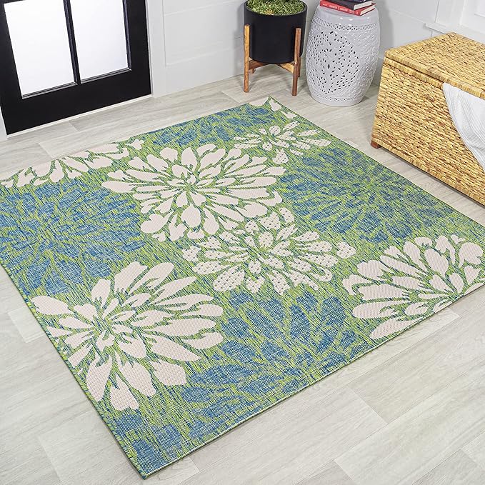 JONATHAN Y SMB110D-4SQ Zinnia Modern Floral Textured Weave Cream/Green 4' Square Indoor/Outdoor Area Rug, Pet Friendly, Non-Shedding, Stain Resistant, Easy-Cleaning for Backyard, Patio, Porch