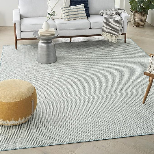 Nourison Courtyard Indoor/Outdoor Ivory Aqua 7' x 10' Area Rug, Geometric, Easy Cleaning, Non Shedding, Bed Room, Living Room, Dining Room, Deck, Patio, Backyard (7x10)