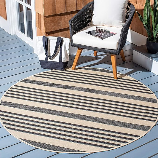 SAFAVIEH Courtyard Collection 6'7'' Round Black/Bone CY6062 Stripe Indoor/ Outdoor Patio Backyard Mudroom Area Rug
