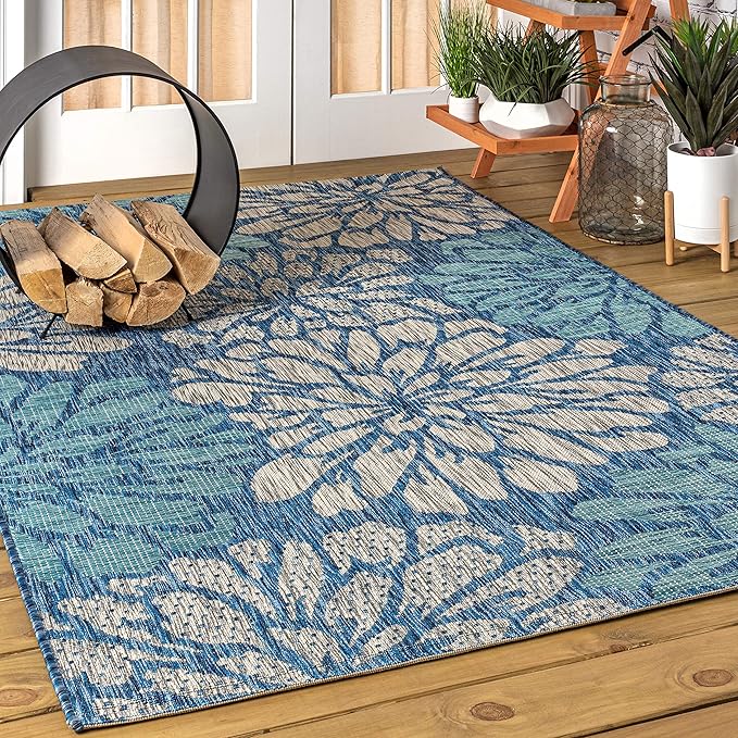 JONATHAN Y SMB110C-8 Zinnia Modern Floral Textured Weave Indoor Outdoor Area-Rug Bohemian Coastal Easy-Cleaning Bedroom Kitchen Backyard Patio Non Shedding, 8 X 10, Navy/Aqua