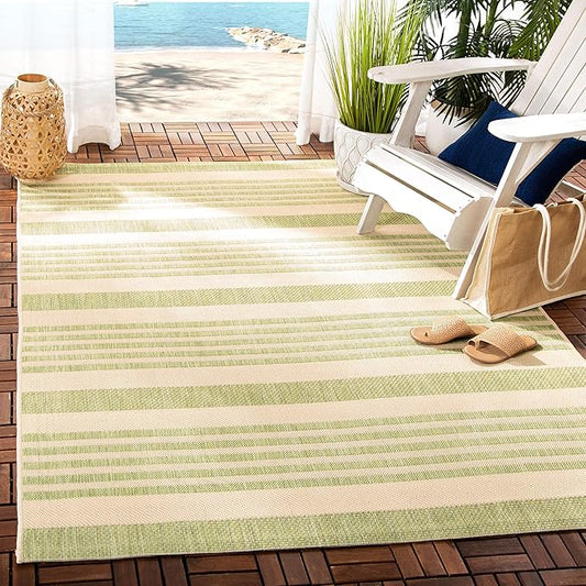 SAFAVIEH Courtyard Collection Area Rug - 5'3" Square, Beige & Sweet Pea, Stripe Design, Non-Shedding & Easy Care, Indoor/Outdoor & Washable-Ideal for Patio, Backyard, Mudroom (CY6062-218)