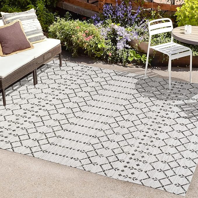 JONATHAN Y SMB108I-8 Ourika Moroccan Geometric Textured Weave Indoor Outdoor Area-Rug, Bohemian Coastal Traditional Easy-Cleaning,Bedroom,Kitchen,Backyard,Patio,Non Shedding, 8 X 10, Cream/Black