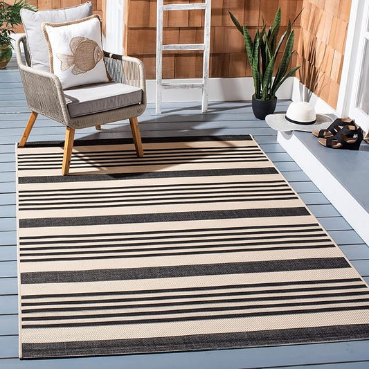 SAFAVIEH Courtyard Collection Area Rug - 9' x 12', Black & Bone, Stripe Design, Non-Shedding & Easy Care, Indoor/Outdoor & Washable-Ideal for Patio, Backyard, Mudroom (CY6062-216)