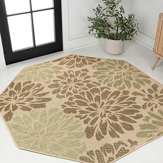 JONATHAN Y SMB110A-5TGN Zinnia Modern Floral Textured Weave Sage/Brown 5' Octagon Indoor/Outdoor Area Rug, Non-Shedding, Stain Resistant, Fade Resistant, Easy-Cleaning for Backyard Patio, Porch