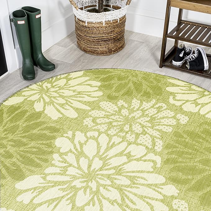 JONATHAN Y SMB110H-5R Zinnia Modern Floral Textured Weave Indoor Outdoor Area-Rug, Country Coastal Transitional Easy-Cleaning,Bedroom,Kitchen,Backyard,Patio,Non Shedding, 5' Round, Green/Cream