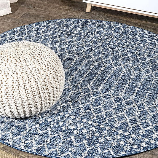 JONATHAN Y SMB108B-8R Ourika Moroccan Geometric Textured Weave Indoor/Outdoor Area Rug, Bohemian, Scandinavian for Bedroom, Kitchen, Living Room, Easy-Cleaning, Navy/Light Gray, 8' Round
