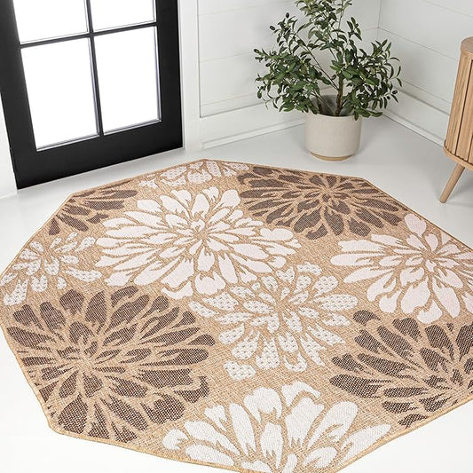 JONATHAN Y SMB110I-8TGN Zinnia Modern Floral Textured Weave Brown/Cream 8' Octagon Indoor/Outdoor Area Rug, Non-Shedding, Stain Resistant, Fade Resistant, Easy-Cleaning for Backyard Patio, Porch