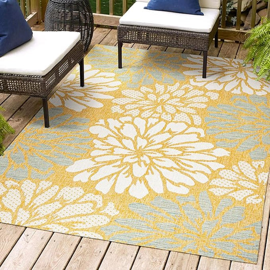 JONATHAN Y SMB110G-8 Zinnia Modern Floral Textured Weave Indoor Outdoor Area-Rug, Bohemian Coastal Mediterranean Easy-Cleaning,Bedroom,Kitchen,Backyard,Patio,Non Shedding, 8 X 10, Yellow/Cream