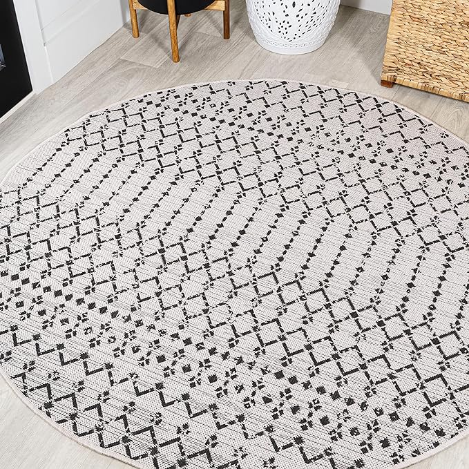 JONATHAN Y SMB108I-9R Ourika Moroccan Geometric Textured Weave Cream/Black 9' Round Indoor/Outdoor Area Rug, Pet Friendly, Non-Shedding, Stain Resistant, Easy-Cleaning for Backyard, Patio, Porch