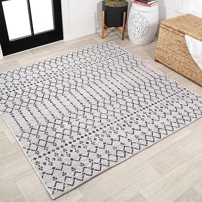JONATHAN Y SMB108I-3SQ Ourika Moroccan Geometric Textured Weave Cream/Black 3' Square Indoor/Outdoor Area Rug, Pet Friendly, Non-Shedding, Stain Resistant, Easy-Cleaning for Backyard, Patio, Porch