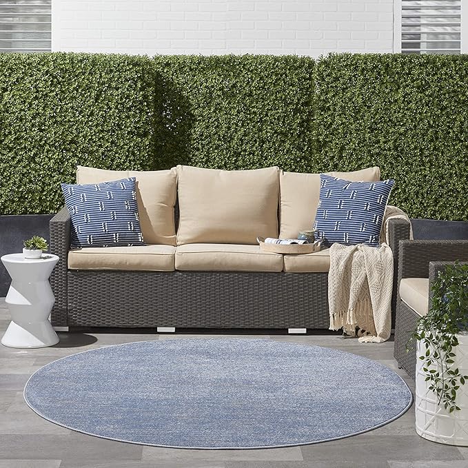 Nourison Essentials Indoor/Outdoor Blue/Grey 6' x Round Area Rug, Easy Cleaning, Non Shedding, Bed Room, Living Room, Dining Room, Backyard, Deck, Patio (6 Round)