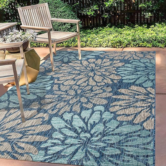 JONATHAN Y SMB110C-8 Zinnia Modern Floral Textured Weave Indoor Outdoor Area-Rug Bohemian Coastal Easy-Cleaning Bedroom Kitchen Backyard Patio Non Shedding, 8 X 10, Navy/Aqua