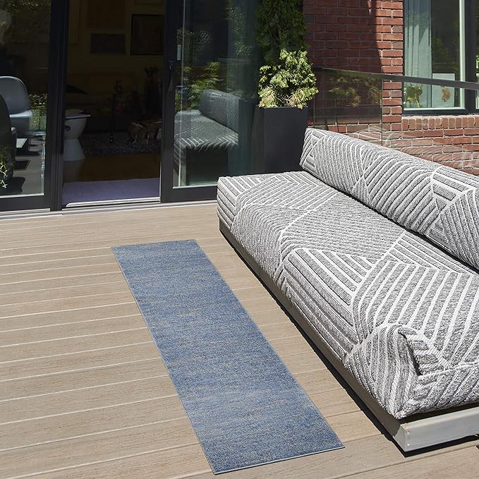 Nourison Essentials Indoor/Outdoor Blue/Grey 2' x 6' Area-Rug, Easy-Cleaning, Non Shedding, Bed Room, Living Room, Dining Room, Backyard, Deck, Patio (2x6)