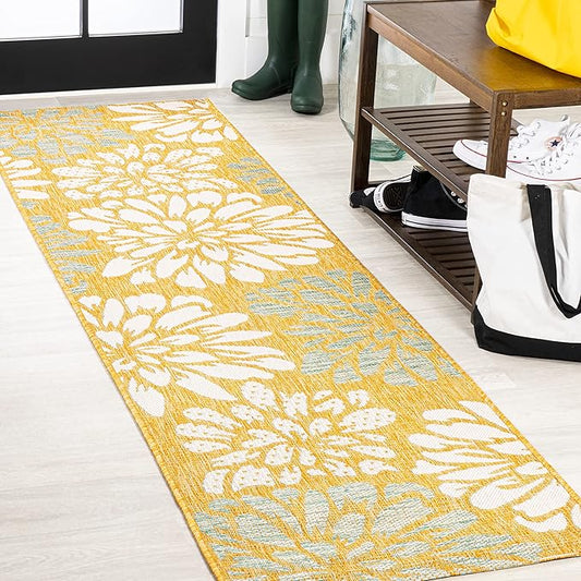 JONATHAN Y SMB110G-210 Zinnia Modern Floral Textured Weave Indoor Outdoor Runner Rug, Bohemian Coastal Mediterranean Easy Cleaning,Bedroom,Kitchen,Backyard,Patio,Non Shedding, Yellow/Cream, 2 X 10