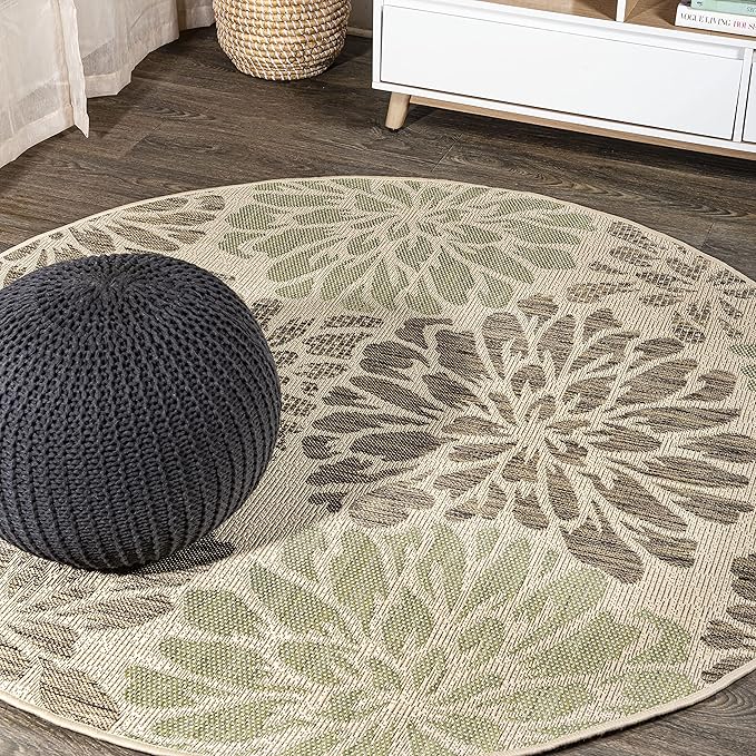 JONATHAN Y SMB110A-9R Zinnia Modern Floral Textured Weave Sage/Brown 9' Round Indoor/Outdoor Area Rug, Pet Friendly, Non-Shedding, Stain Resistant, Easy-Cleaning for Backyard, Patio, Porch