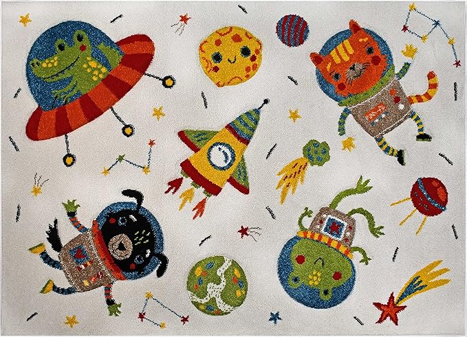 KC Cubs Boy & Girl Modern Decor Multicolor Area Rug and Carpet Collection for Kids, Toddlers and Baby Nursery, Animal Friends in Outer Space