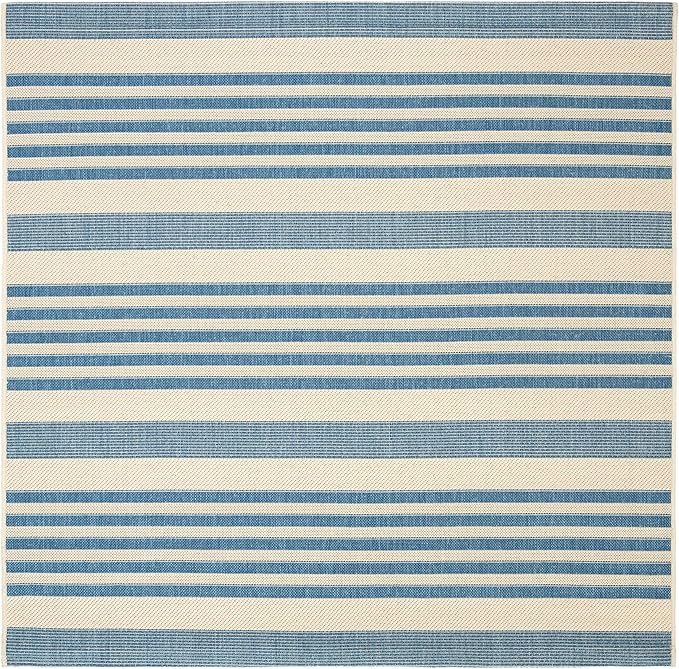 SAFAVIEH Courtyard Collection 4' Square Beige/Blue CY6062 Stripe Indoor/ Outdoor Patio Backyard Mudroom Accent Rug