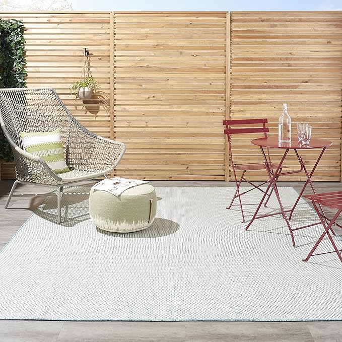 Nourison Courtyard Indoor/Outdoor Ivory Aqua 7' x 10' Area Rug, Geometric, Easy Cleaning, Non Shedding, Bed Room, Living Room, Dining Room, Deck, Patio, Backyard (7x10)