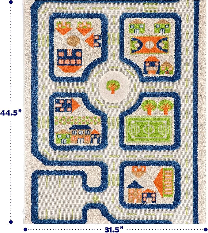 IVI Thick 3D Childrens Play Mat & Rug in A Colorful Town Design for Kids with Soccer Field, Car Park & Roads, Blue, 32 x 45 inches