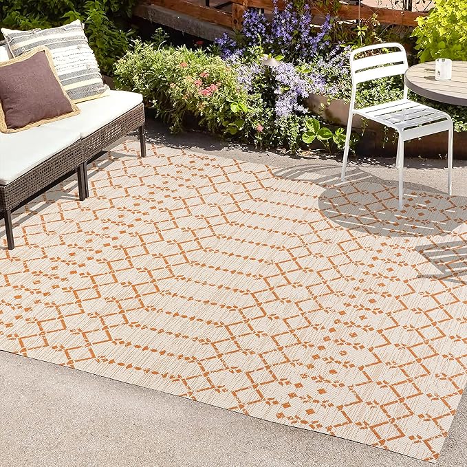 JONATHAN Y SMB108O-8 Ourika Moroccan Geometric Textured Weave Indoor Outdoor Area-Rug, Bohemian Rustic Scandinavian Easy-Cleaning,Bedroom,Kitchen,Backyard,Patio,Non Shedding, 8 X 10, Cream/Orange