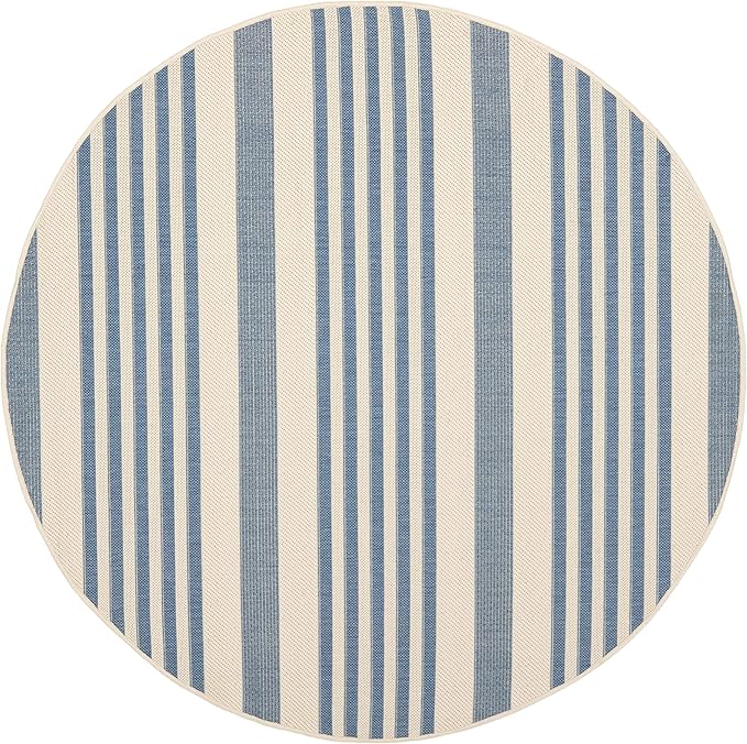 SAFAVIEH Courtyard Collection 7'10" Round Beige/Blue CY6062 Stripe Indoor/ Outside Waterproof Easy cleansingPatio Backyard Mudroom Area Mat