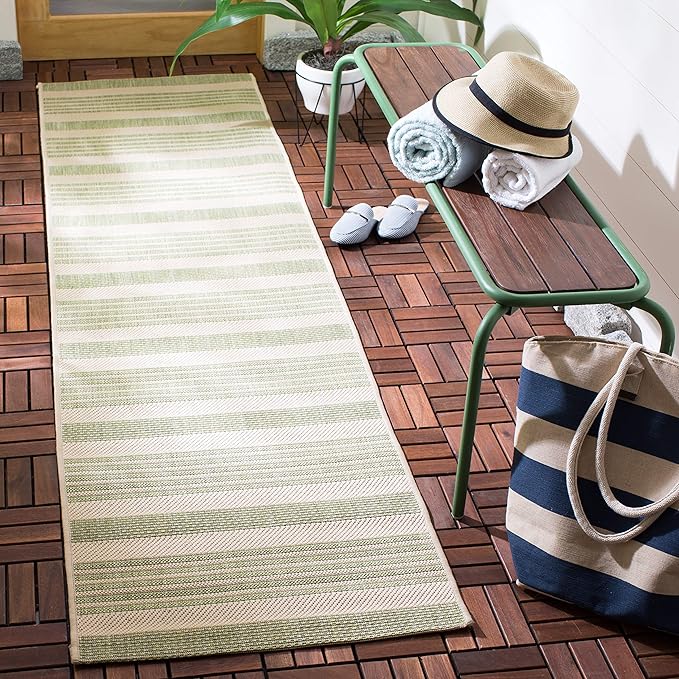 SAFAVIEH Courtyard Collection 2'3" x 10' Beige/Sweet Pea CY6062 Stripe Indoor/ Outside Waterproof Easy cleansingPatio Backyard Mudroom Runner Mat